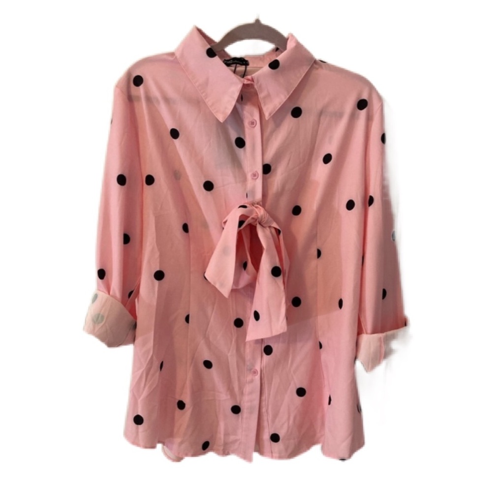 FHQ Collection Long Sleeved Pink Polka Dot Shirt with Removable Bow Size 2XL NWT